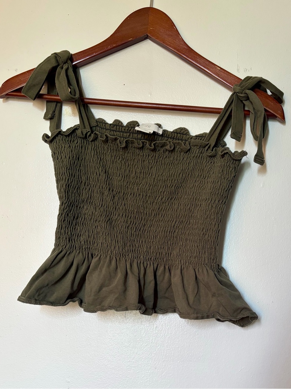H&M Olive Tie-Shoulder Smocked Ruffle Camisole